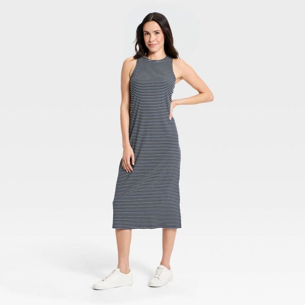 Women's Modal Ribbed Midi Dress - All In Motion Navy Blue Striped M